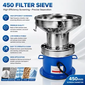 450mm Stainless Steel Vibrating Screen Machine Vibro Sifter Separator for Fine Powder Particle Classification
