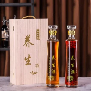500ml Long Column Medicine Health Wine Bottle Ginseng Wine Glass Bottle with Wooden Box Package