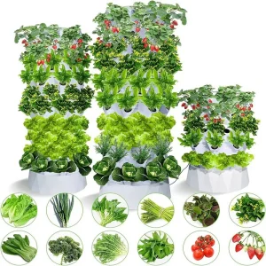Agg 112 Holes 14 Layer 65L Mobile Automatic Vertical Hydroponic Tower Hydroponic Garden Grow Tower Hydroponic Germination Kit for Herbs Fruits and Vegetables