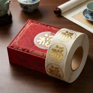 Custom Gold Foil Transparent Stickers, Chinese “Fu” Blessing Labels Round Decorative Stickers for Holiday Gift Packaging