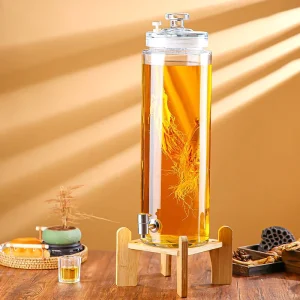 Cylindrical Glass Wine Bottle Medicinal Wine Brewing Ginseng Wine Jar with Stainless Steel Faucet Bamboo Base 2.5L 5L 7.5L 10L