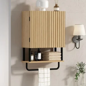 Fluted Bathroom Wall Cabinet with 2 Doors 3 Tier Modern Farmhouse Medicine Cabinet with Metal Towel Bar