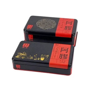 Food Grade Airtight Pull Ring Sealing Metal Tin Can for Olive Oil Ejiao Cake Cookies Tea 500g Black Red Rectangular Glossy
