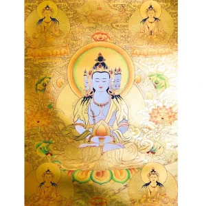 Gold Leaf Hand Painted Chinese Thangka Golden Yellow Wealth Deity Tara Manjushri Avalokiteshvara Cotton Cloth Frameless