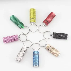 Luxury Bling Pill Storage Cases Waterproof Pill Box Medicine Dispenser Organizer Self Defense Keychain Pill Bottle Keychain