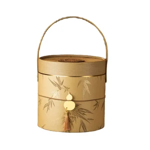 Mid Autumn Festival Chinese Round Gift Box Bamboo Printing Golden Cylinder with Handle Custom Pastry Snack Packaging