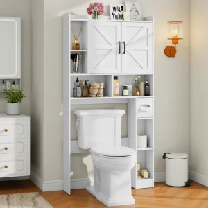Over the Toilet Storage Cabinet Farmhouse Storage Cabinet Over Toilet with 2 Barn Door & Toilet Paper Holder Stand