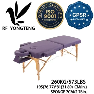 Purple PU Leather Foldable Wood Massage Table, Portable Height Adjustable with Face Pillow Armrest for Beauty Spa Massage Use