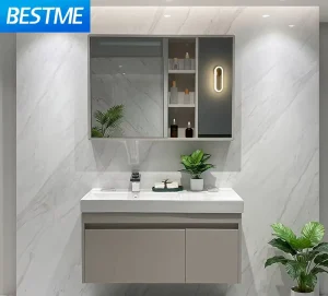 Single Ceramic Basin Vanity Modern Bathroom Cabinet with High-capacity Wall-Mounted Stainless Steel Mirror Cabinet Hotel
