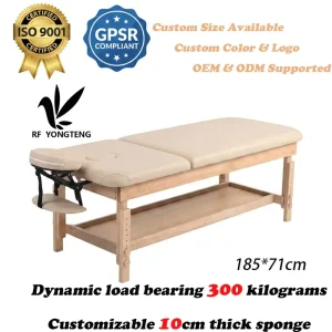 Solid Beech Wood Massage Table with PU Leather Adjustable Height Spa Treatment Bed with Storage Shelf for Hotel Salon & Gym Use