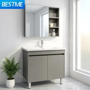 Stainless Steel Floor Mounted Grey Color Modern Vanities Hotel Bathroom Vanity Cabinet
