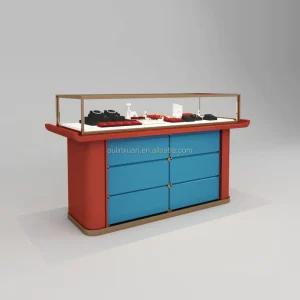 Traditional Chinese Style Jewelry Display Table showcase Counter Red Lacquered Blue Painted MDF Stainless Steel OEM/ODM