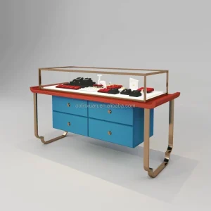 Traditional Chinese Style Jewelry Display Table showcase Counter Stand Red Lacquered Blue Painted Stainless Steel MDF OEM/ODM