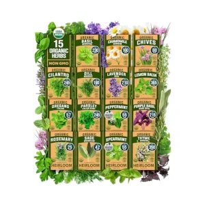 Variety Pack Herb for Culinary Garden Indoor Outdoor Hanging or Floor Grow Includes Basil Thyme and Artificial Flowers